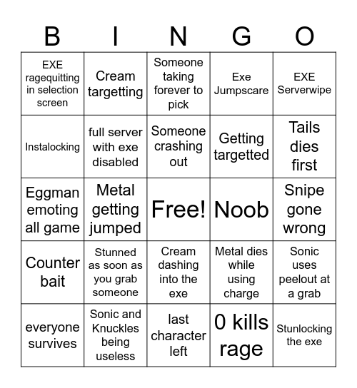Sonic.exe Outcome Memories Bingo Card
