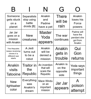 Star Wars: Revenge of the Sith bingo Card
