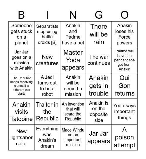 Star Wars: Revenge of the Sith bingo Card