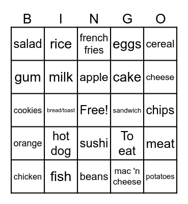 English - Exploratory Unit 5 Foods/Drinks Bingo Card