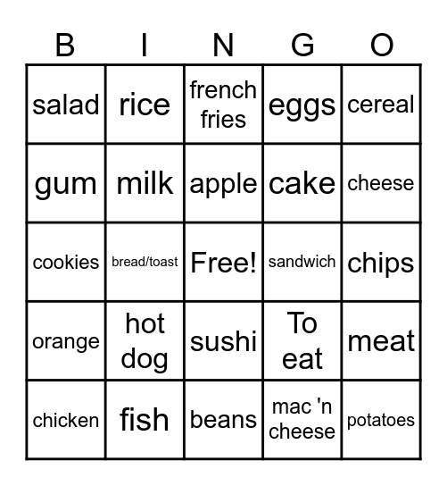 English - Exploratory Unit 5 Foods/Drinks Bingo Card