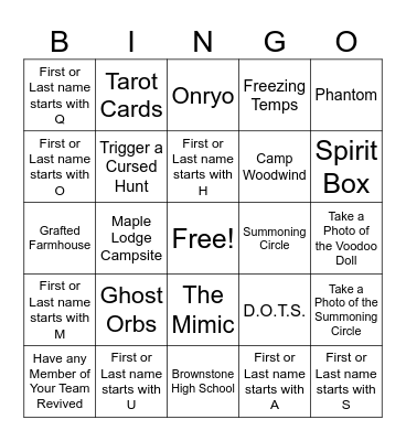 Phasmophobia Bingo Card