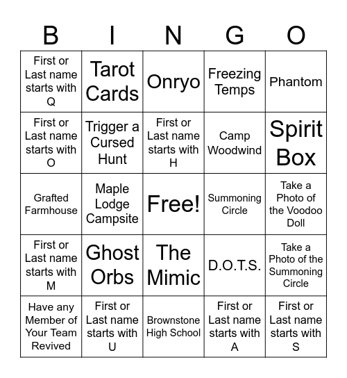 Phasmophobia Bingo Card