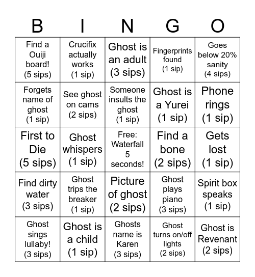 Phasmo Drinking Game Bingo Card