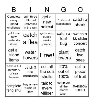 Animal crossing new leaf Bingo Card
