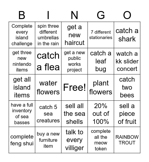 Animal crossing new leaf Bingo Card