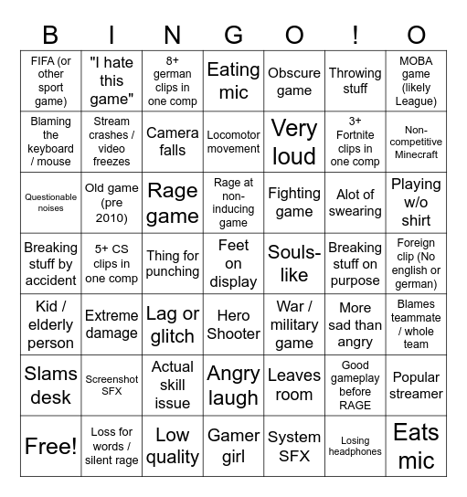 Gamer Rage Bingo Card