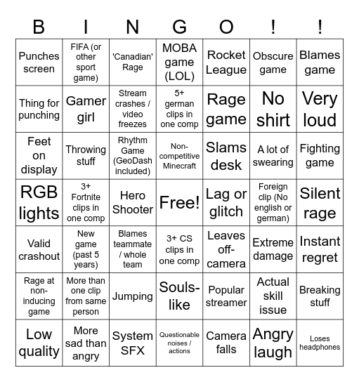 Gamer Rage Bingo Card