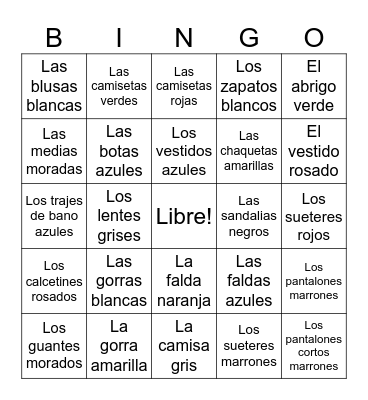 Ropa y Colores Bingo Card