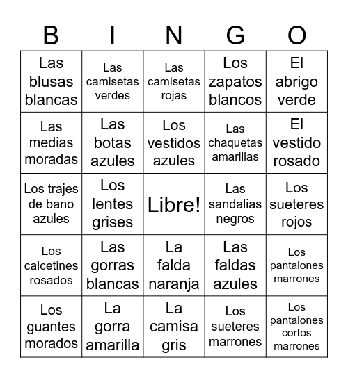 Ropa y Colores Bingo Card