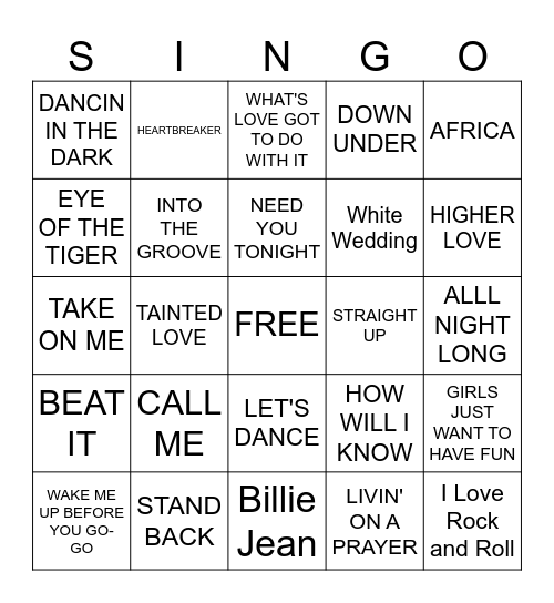 SINGO 80'S 1/18/26 Bingo Card