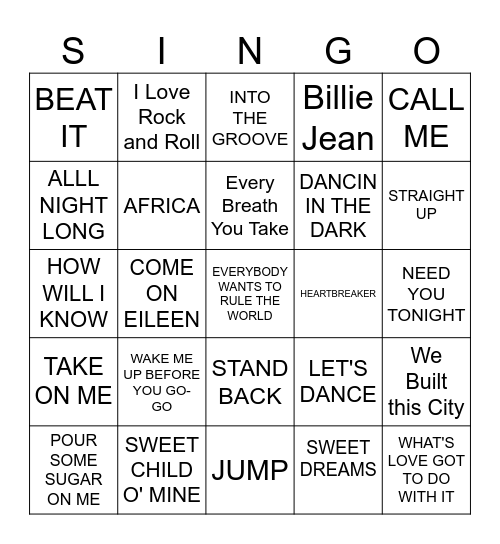 SINGO 80'S Bingo Card