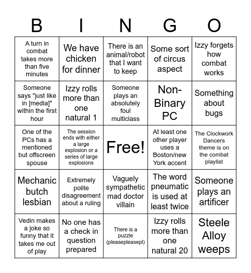 Oneshot 2025 Bingo Card