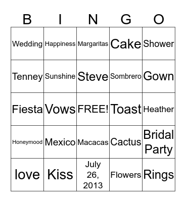 Heather's Bridal Bingo Card