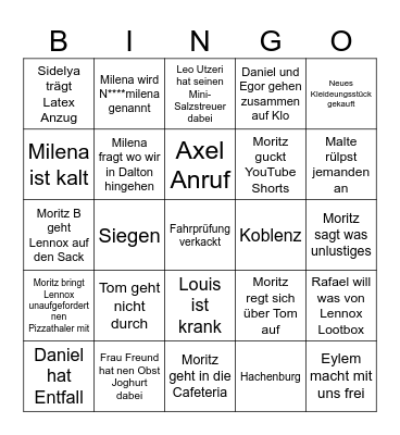 School Bingo Card