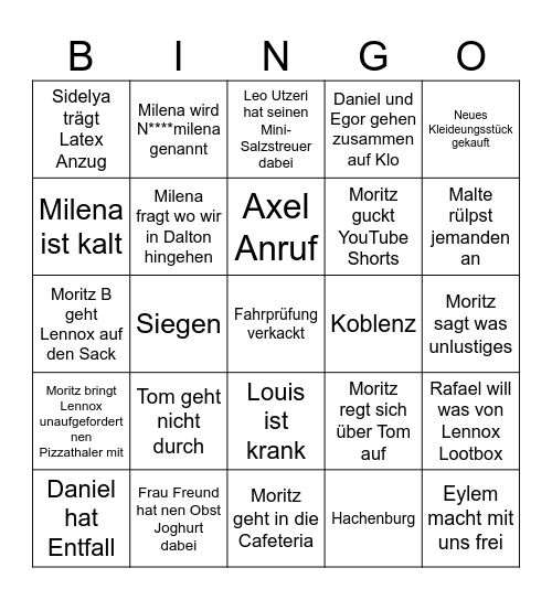 School Bingo Card
