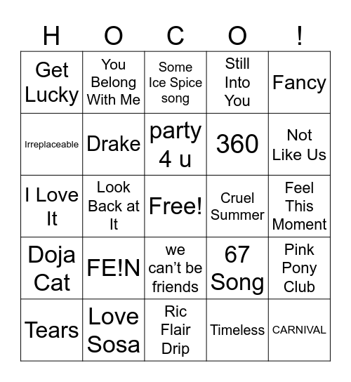 Hoco 2025 Bingo Card