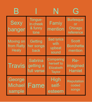 The Life of a Showgirl Bingo Card