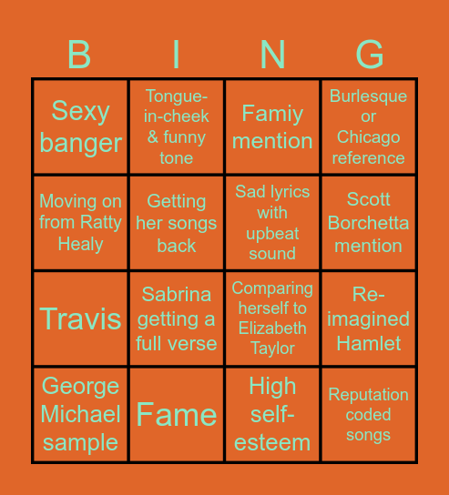 The Life of a Showgirl Bingo Card
