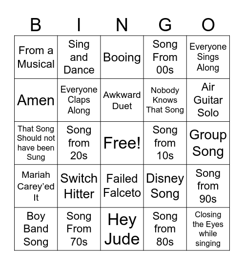 WC Karaoke Bingo Card