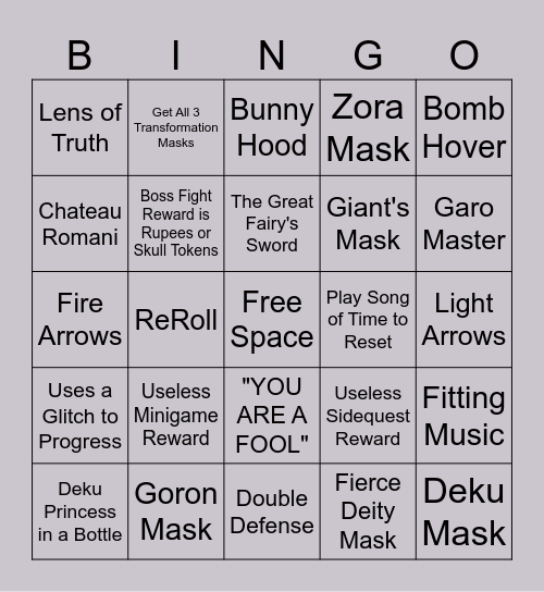 Majora's Mask Bingo Card