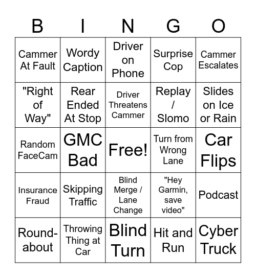 IDIOTS IN CARS Bingo Card