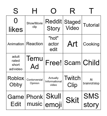 Shorts Bingo Card