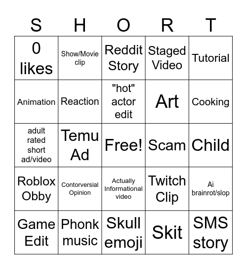 Shorts Bingo Card