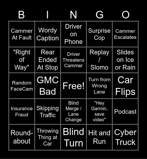 BAD DRIVING BINGO Card