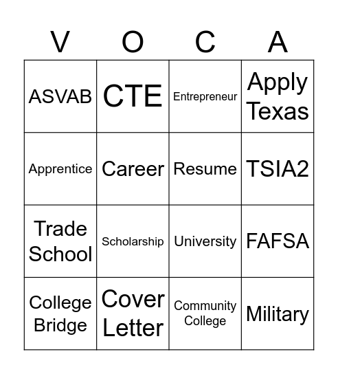 College & Career Readiness Bingo Card