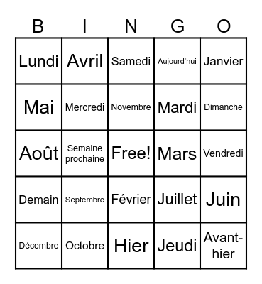 Mois et Journée Bingo Card