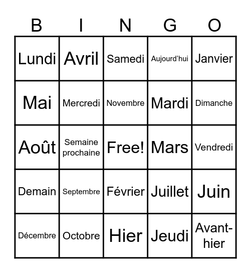 Mois et Journée Bingo Card