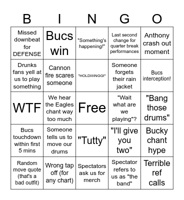 Bucs vs Eagles 9/28/25 Bingo Card