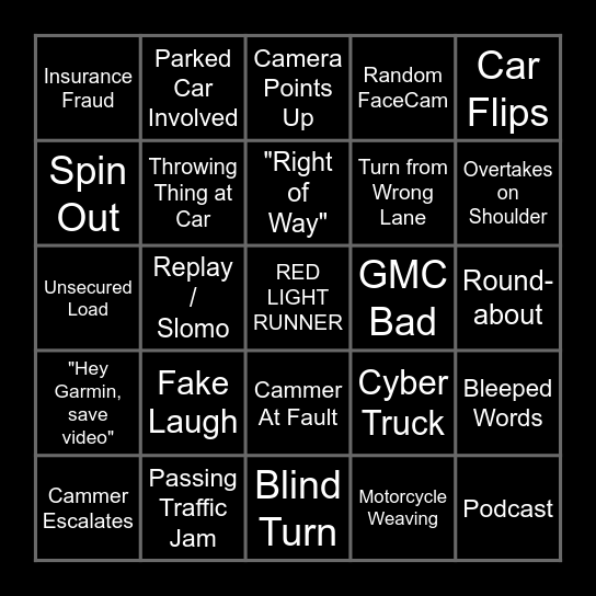 BAD DRIVER BINGO Card