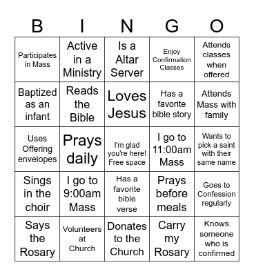 Youth CONFIRMATION Bingo Game Bingo Card