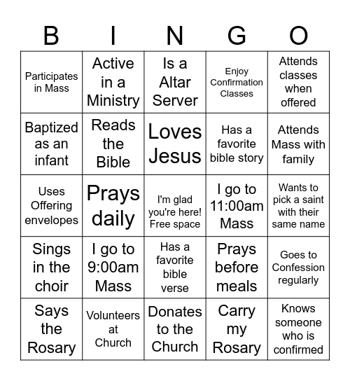 Youth CONFIRMATION Bingo Game Bingo Card