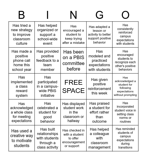 PBIS COMMITTEE Bingo Card
