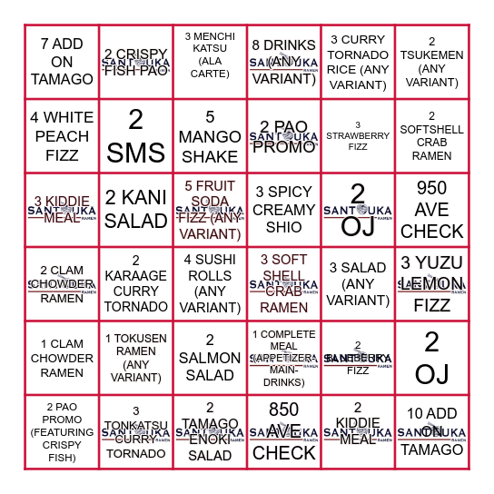 SANTOUKA MENU BINGO Card