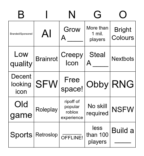 Roblox Front Page Bingo Card