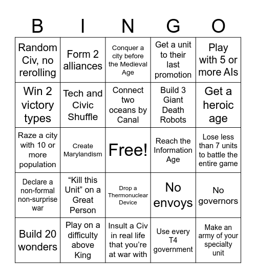 Civ 6 Bingo (Only wins count) Bingo Card