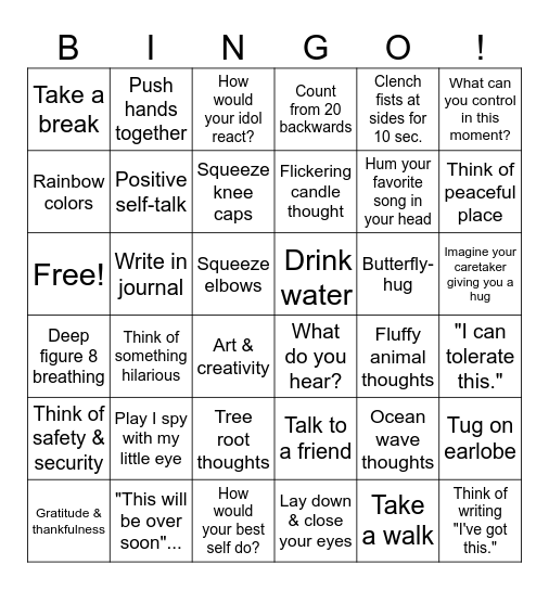 Coping Skills in the Moment Bingo Card