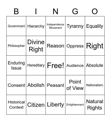 Enlightenment, Revolution, Nationalism Bingo Card