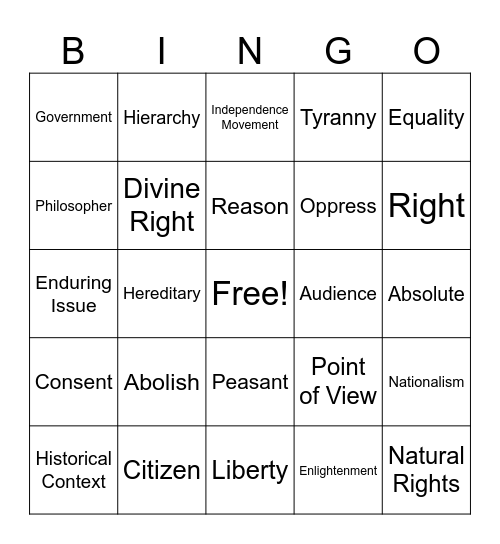 Enlightenment, Revolution, Nationalism Bingo Card