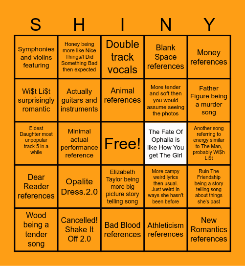 A sweat, vanilla,  shiny, rapture Bingo Card
