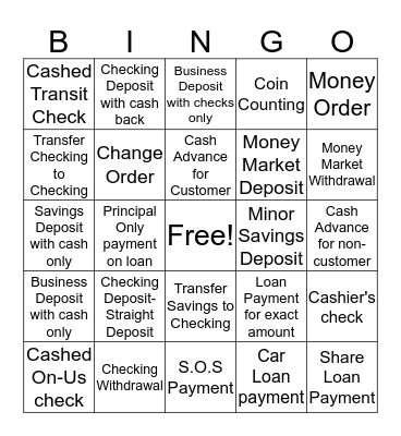 Teller Transaction Bingo Card