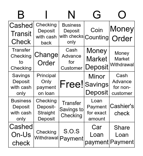 Teller Transaction Bingo Card