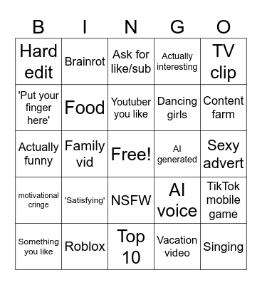 YouTube Shorts Bingo Card
