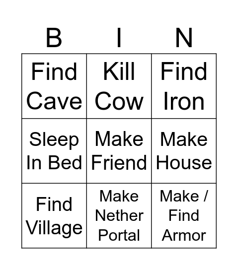 Minecraft Bingo Card
