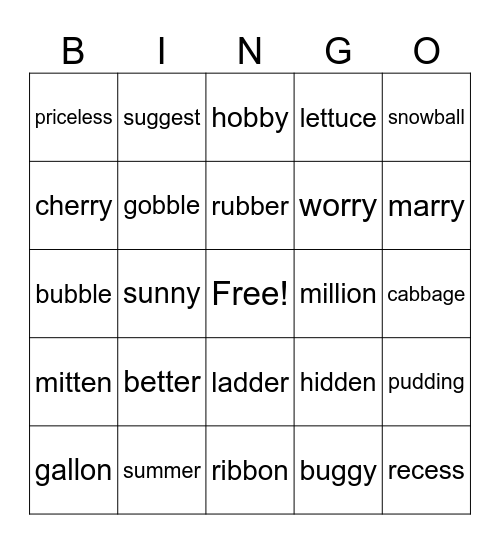 Double Consonants Bingo Card