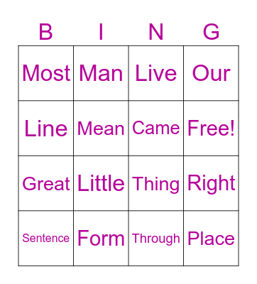 Sight Word Bingo Card
